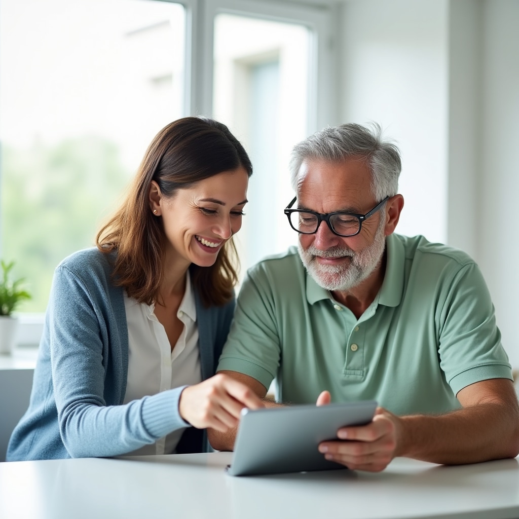 Instructor explicând utilizarea aplicației bancare unui senior